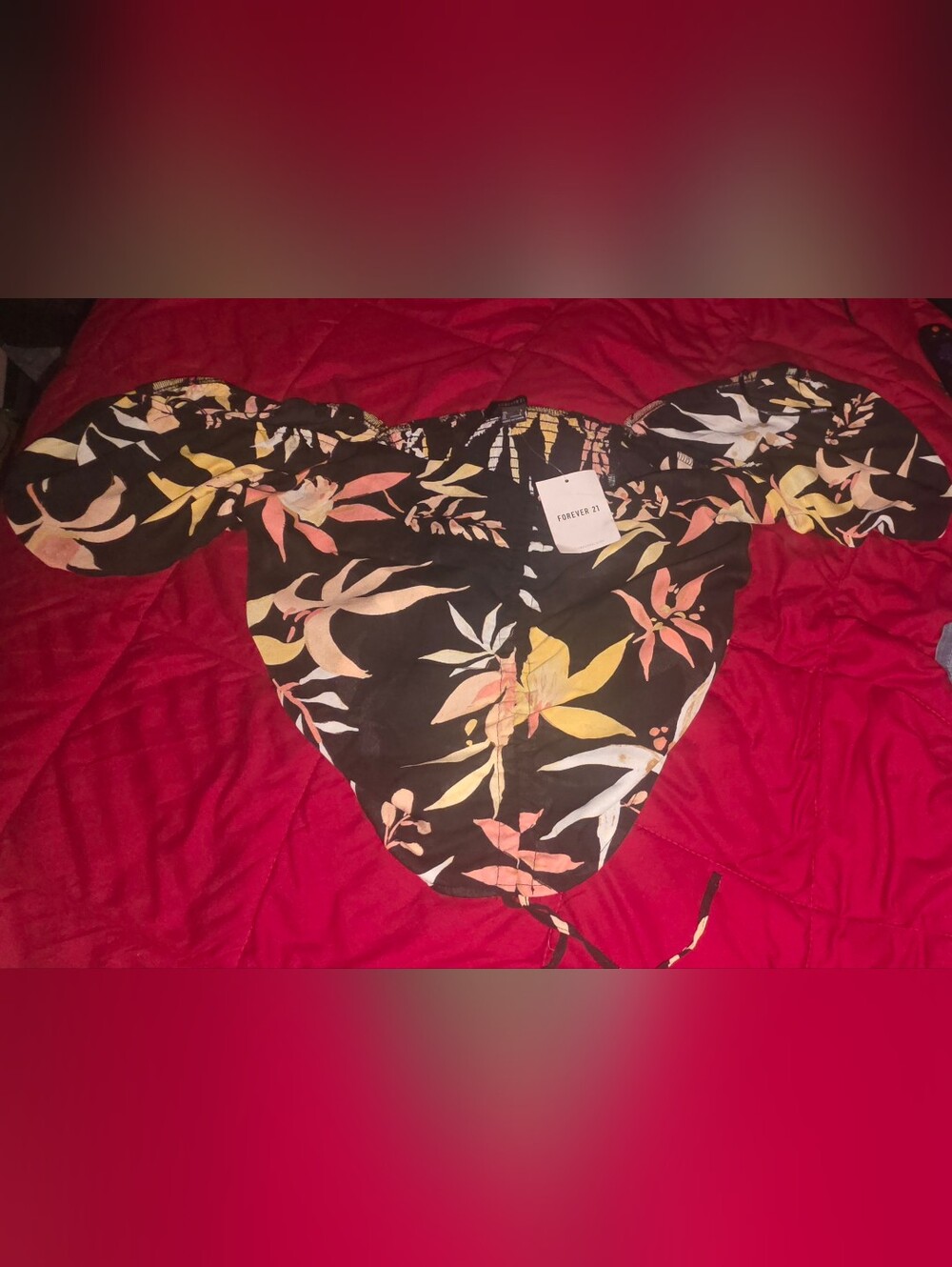 Forever 21 Black Floral Off-Shoulder Crop Top with Yellow & Pink Flowers